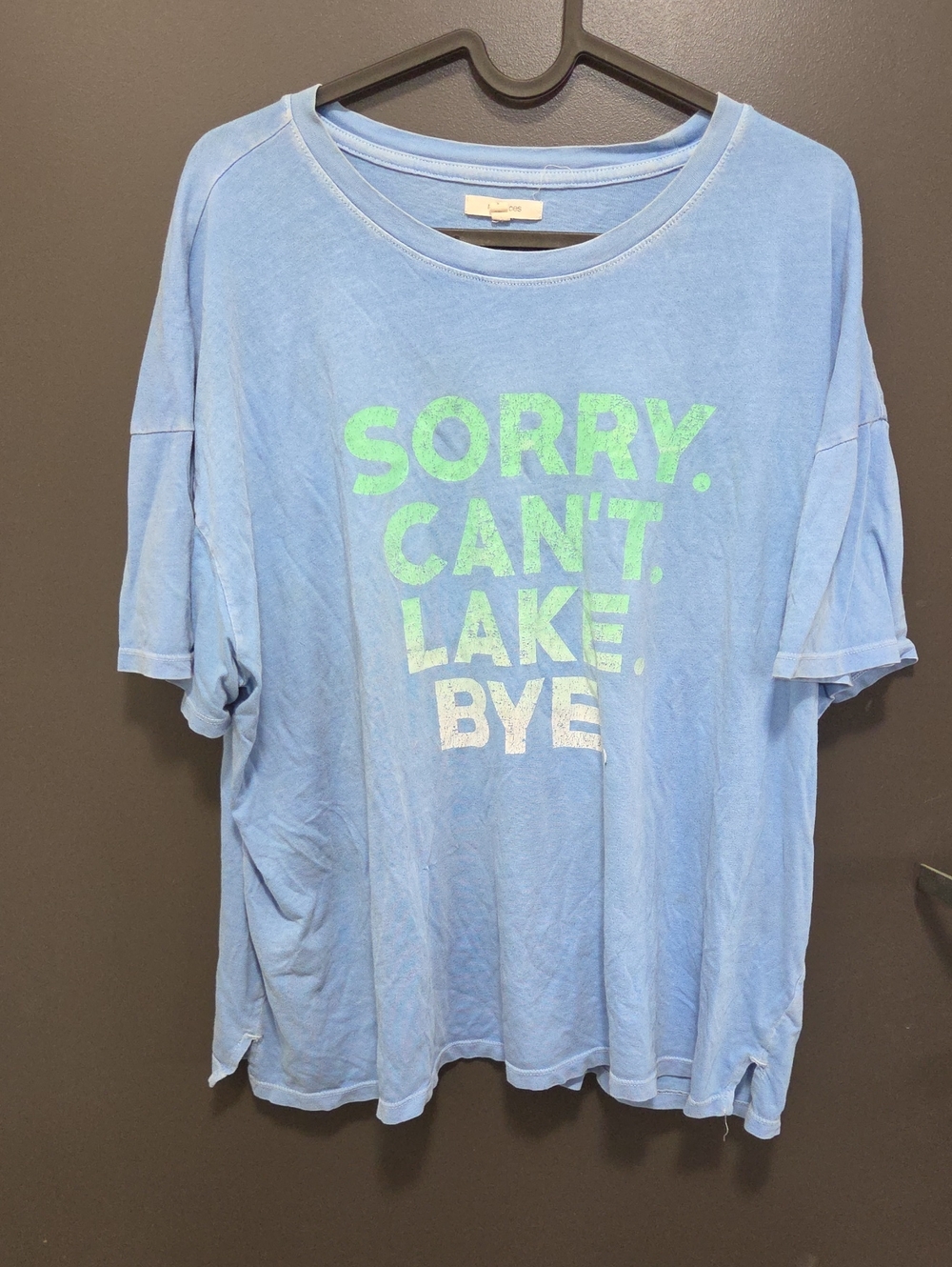Maurices Light Blue Graphic Tee with Neon Green & White Lettering